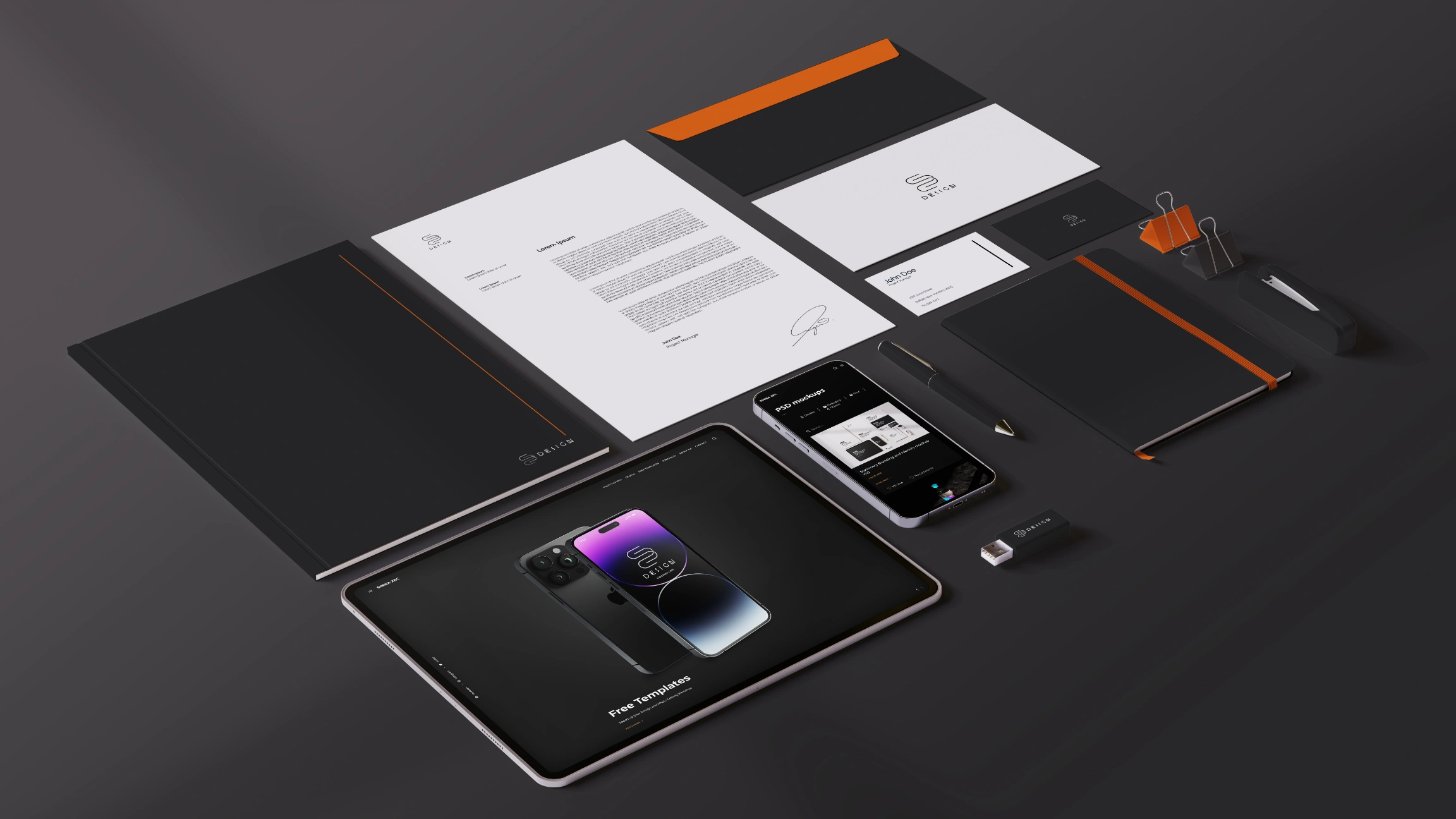 Branding set Stationery free PSD Mockup including devices and printed material 8K resolution
